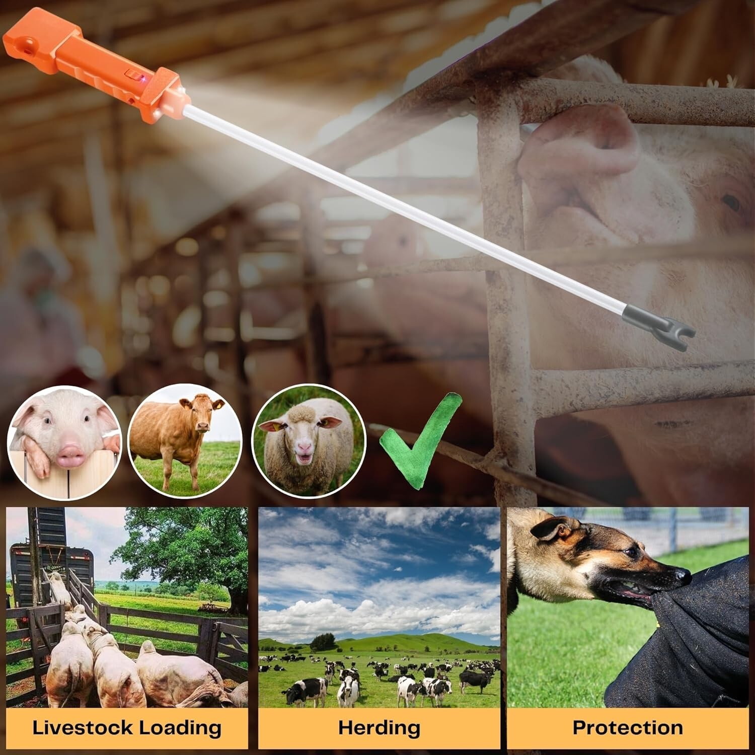 Waterproof Electric Cattle Prod Rechargeable Livestock Shock Stick w LED Lights