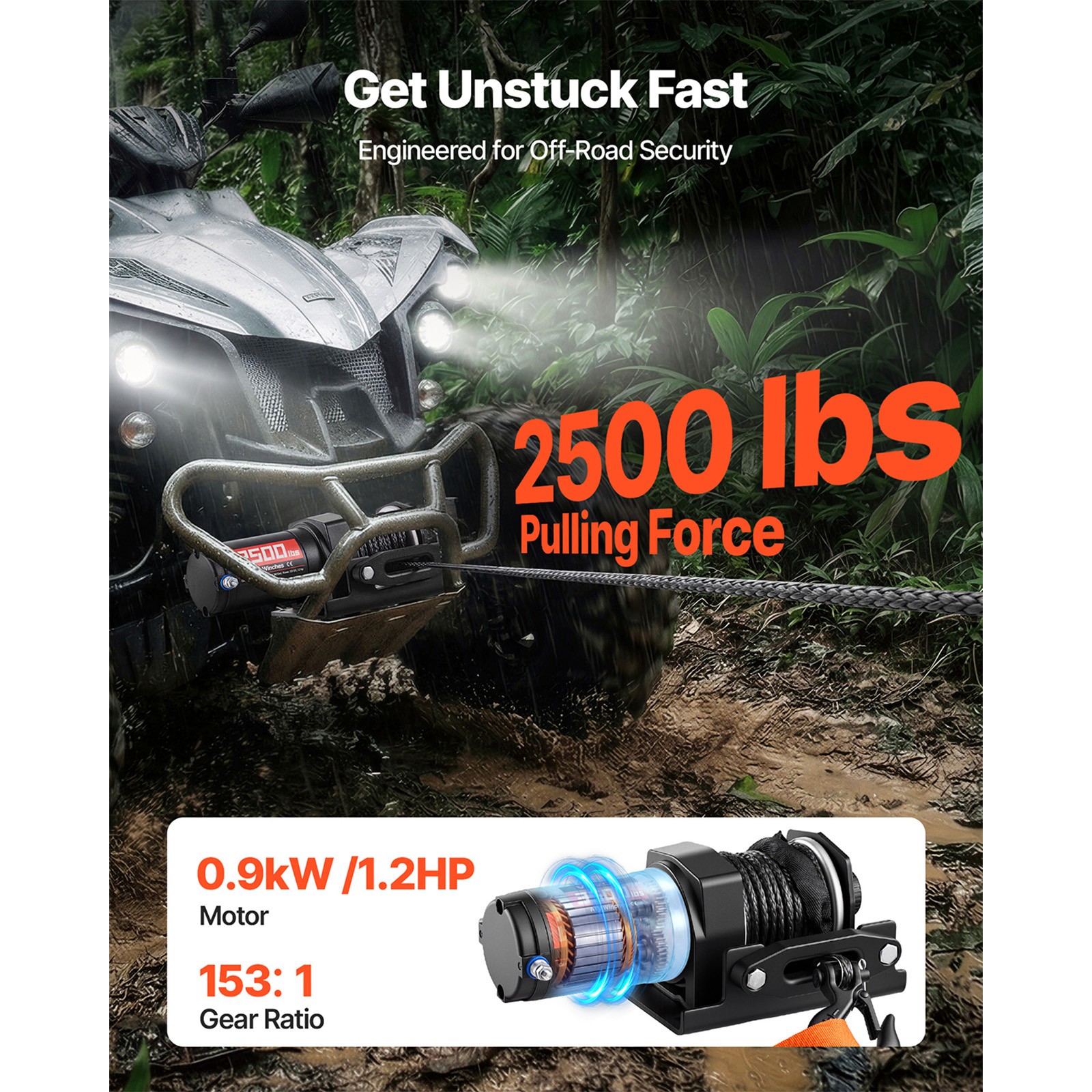 Uimoso 2500 lbs 12V Electric Winch with Synthetic Rope and Wired Remote Control