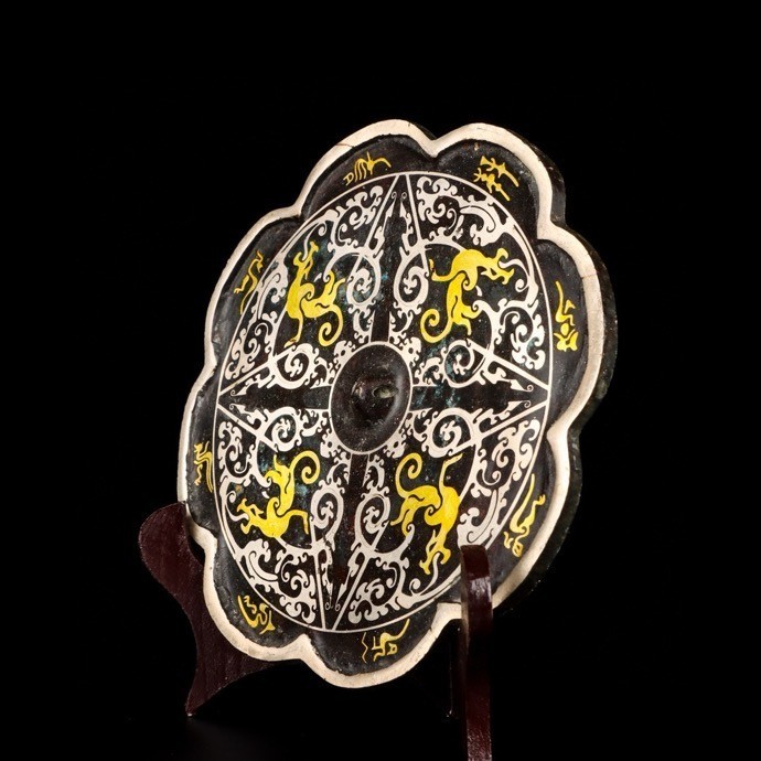 Old Chinese Dynasty Bronze Ware Gilt Sliver Dragon Beast Mirror Bronze mirror