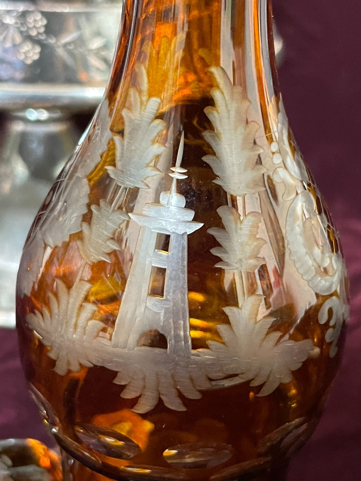 Antique 1800's Wilcox Silver Plate Cruet Condiment Set 3 Etched Amber Bottles