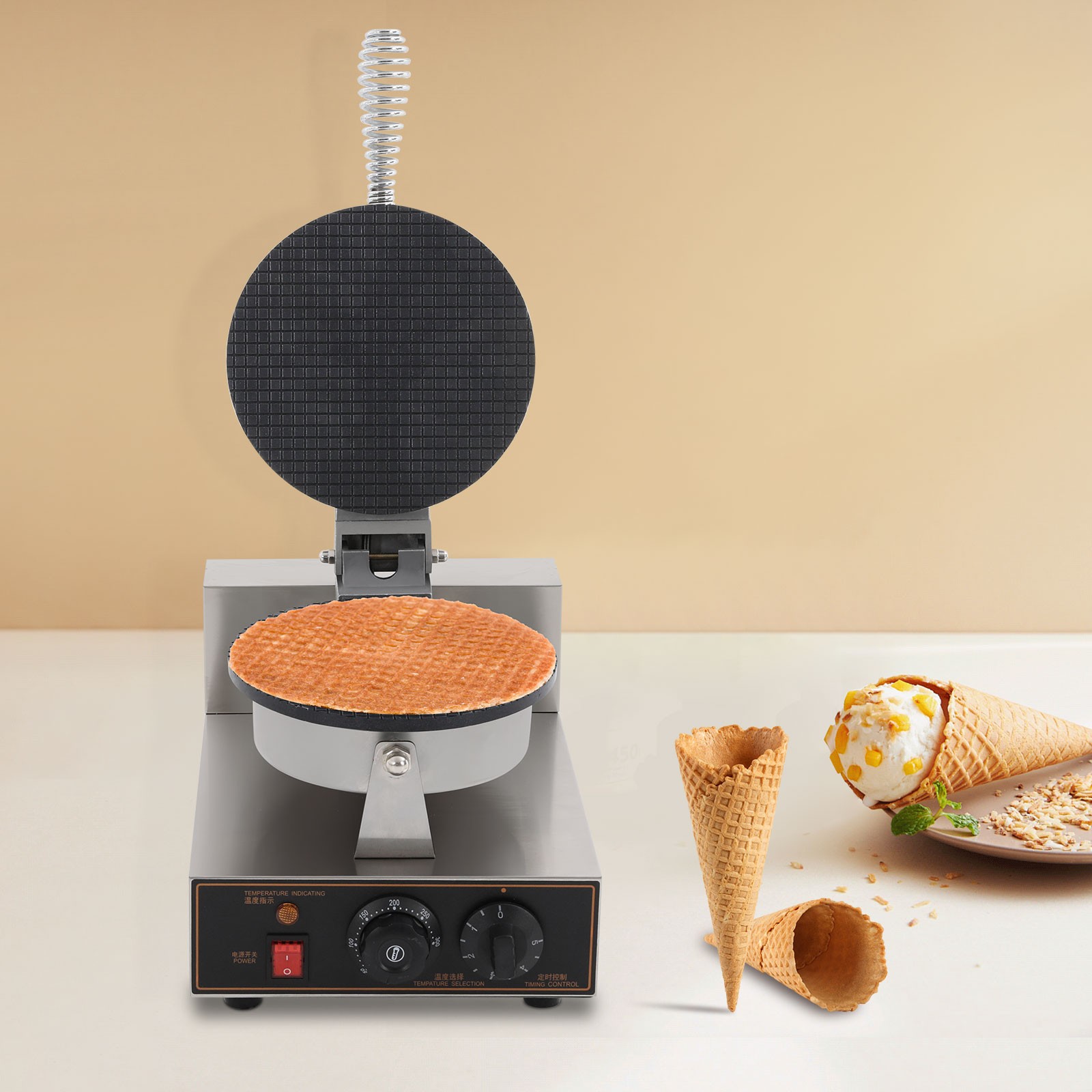 Commercial Electric Waffle Cone Maker 1200W Egg Roll Machine w/ Cone Mold