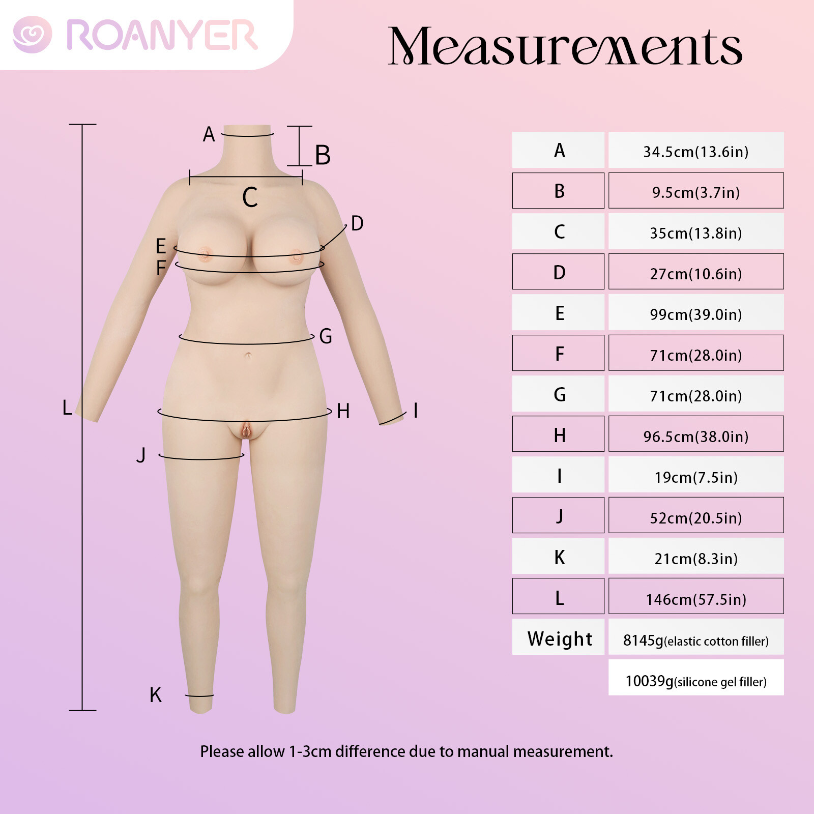 Roanyer Transgender Silicone G Cup Body Suit With Breast Forms Fake Boobs Drag