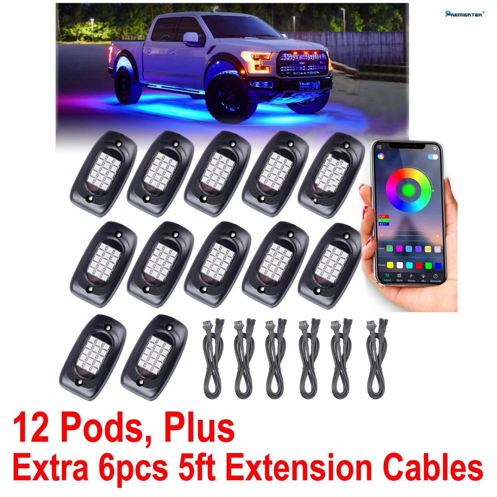 12 Pod RGB LED Rock Light Underbody Trail Rig Glow Lamp Offroad SUV Pickup Truck