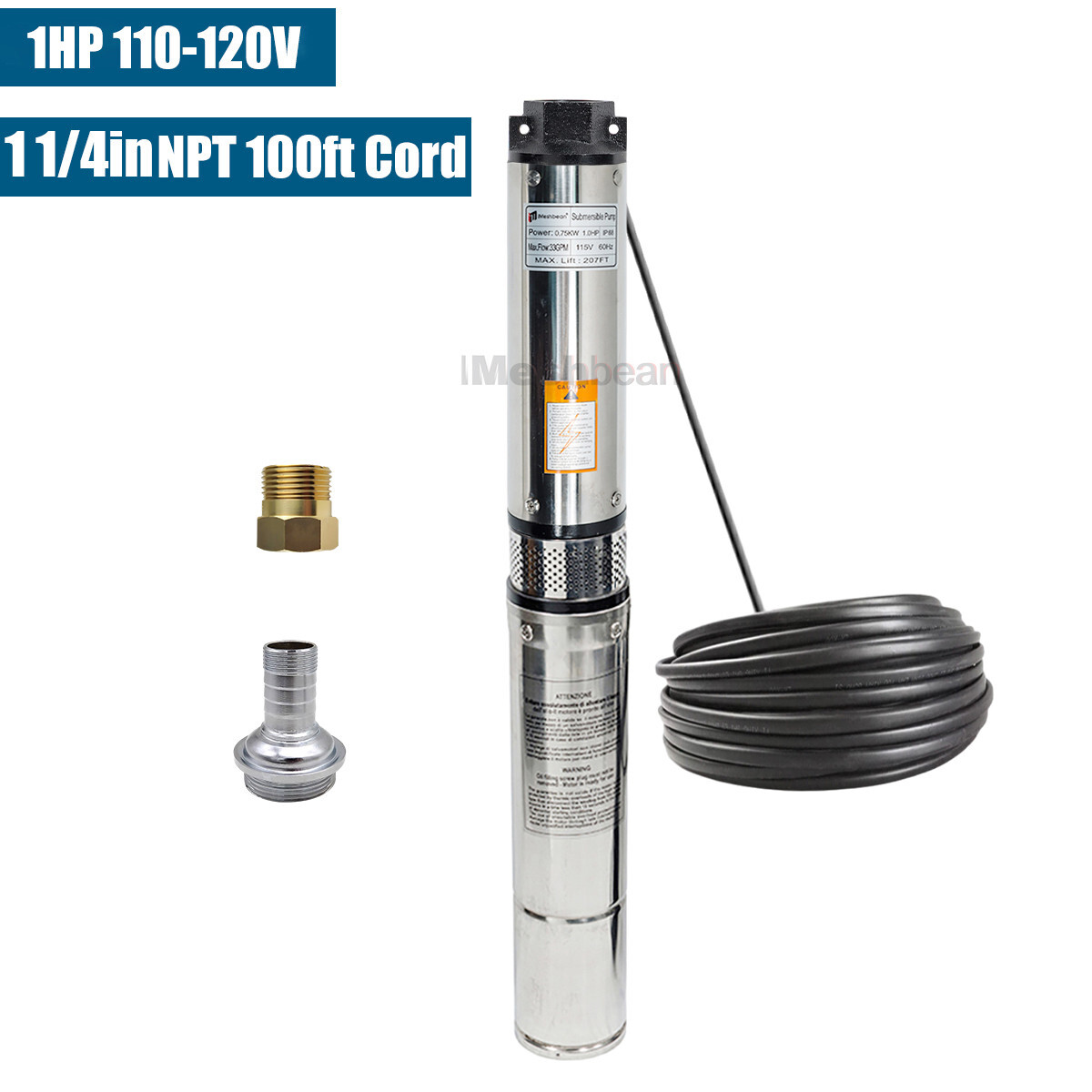 4'' Deep Well Submersible Pump 1HP 207' 37GPM 110V Stainless Steel w/Control Box