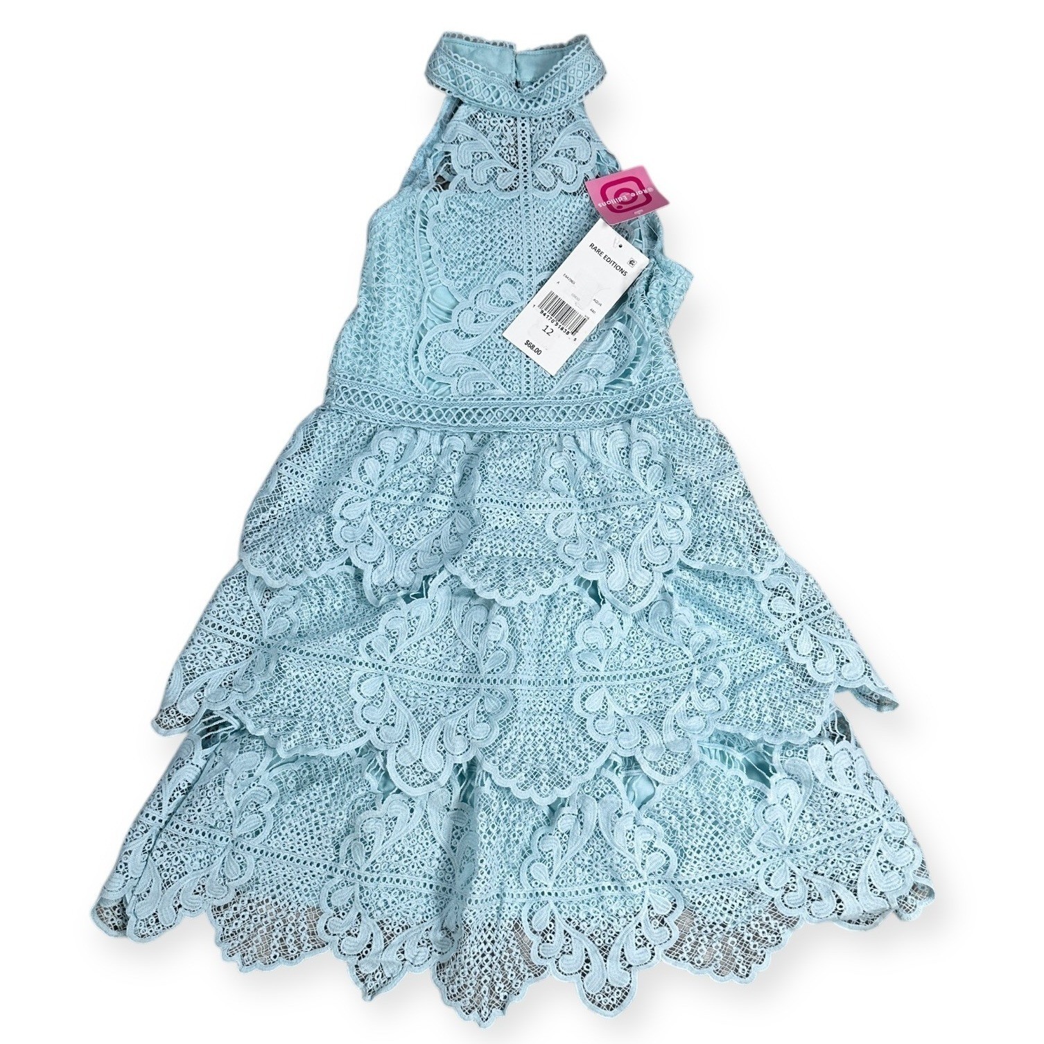 Rare Editions Aqua Blue Lace Tiered Halter Dress Girls Size 12 E442965 NWT
