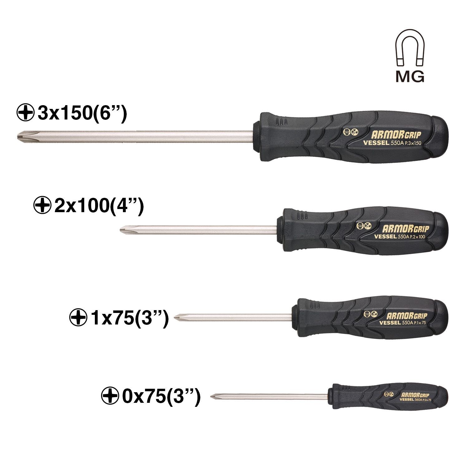 Vessel 4pc JIS Screwdriver Set Armor Grip 550APH4PBU Like Phillips Drive