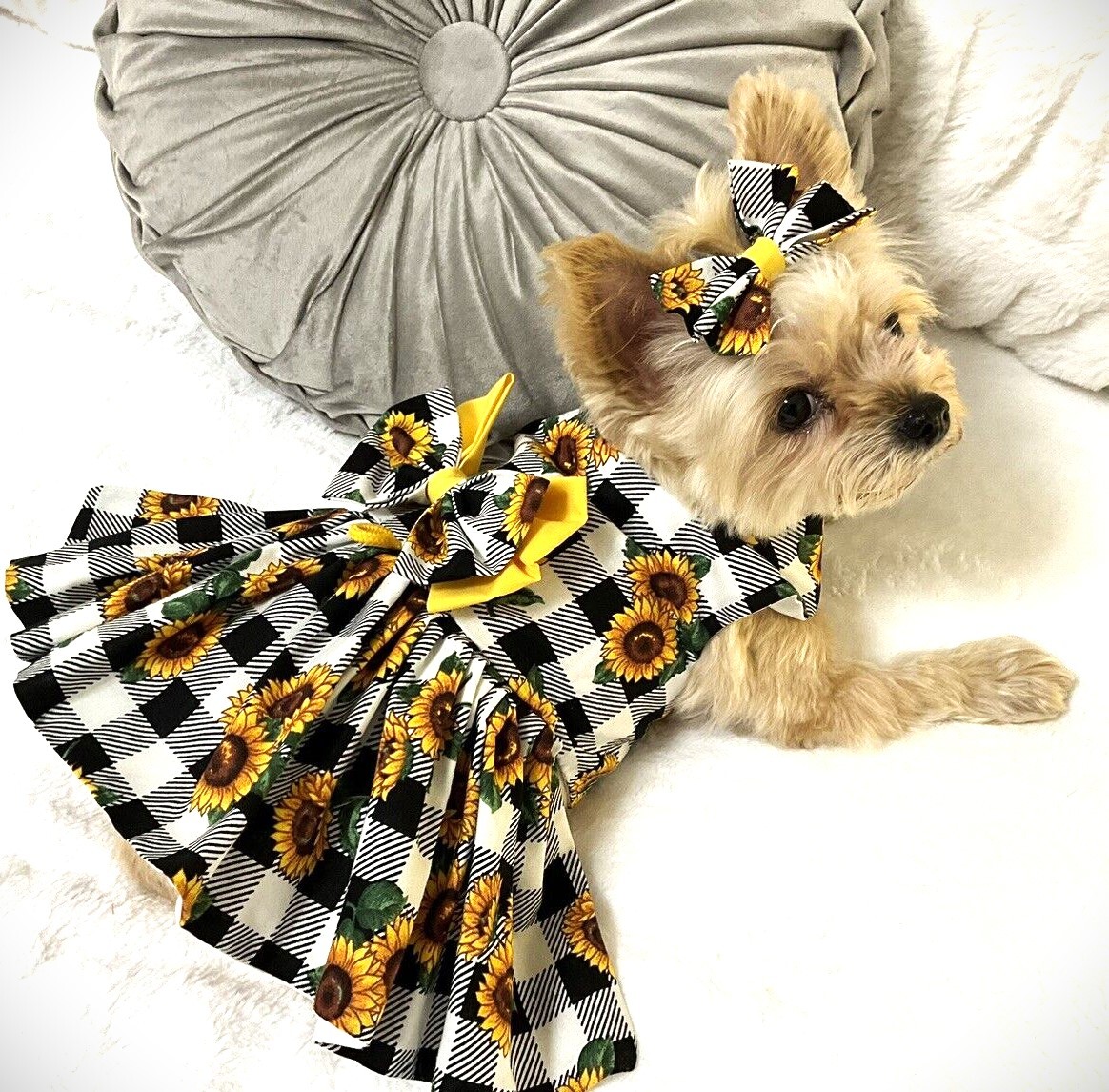 DOG HARNESS DRESS SUNFLOWER ON CHECKS NEW HANDMADE FREE SHIPPING