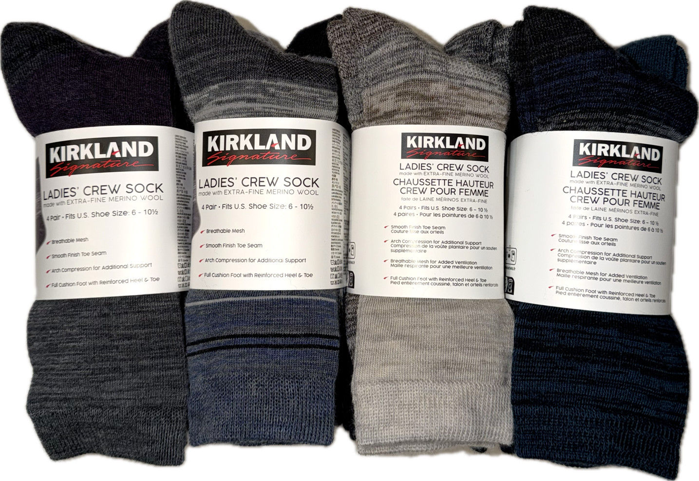 4 Pairs Kirkland Signature Women Ladies Extra Fine Merino Wool Blend Crew Socks