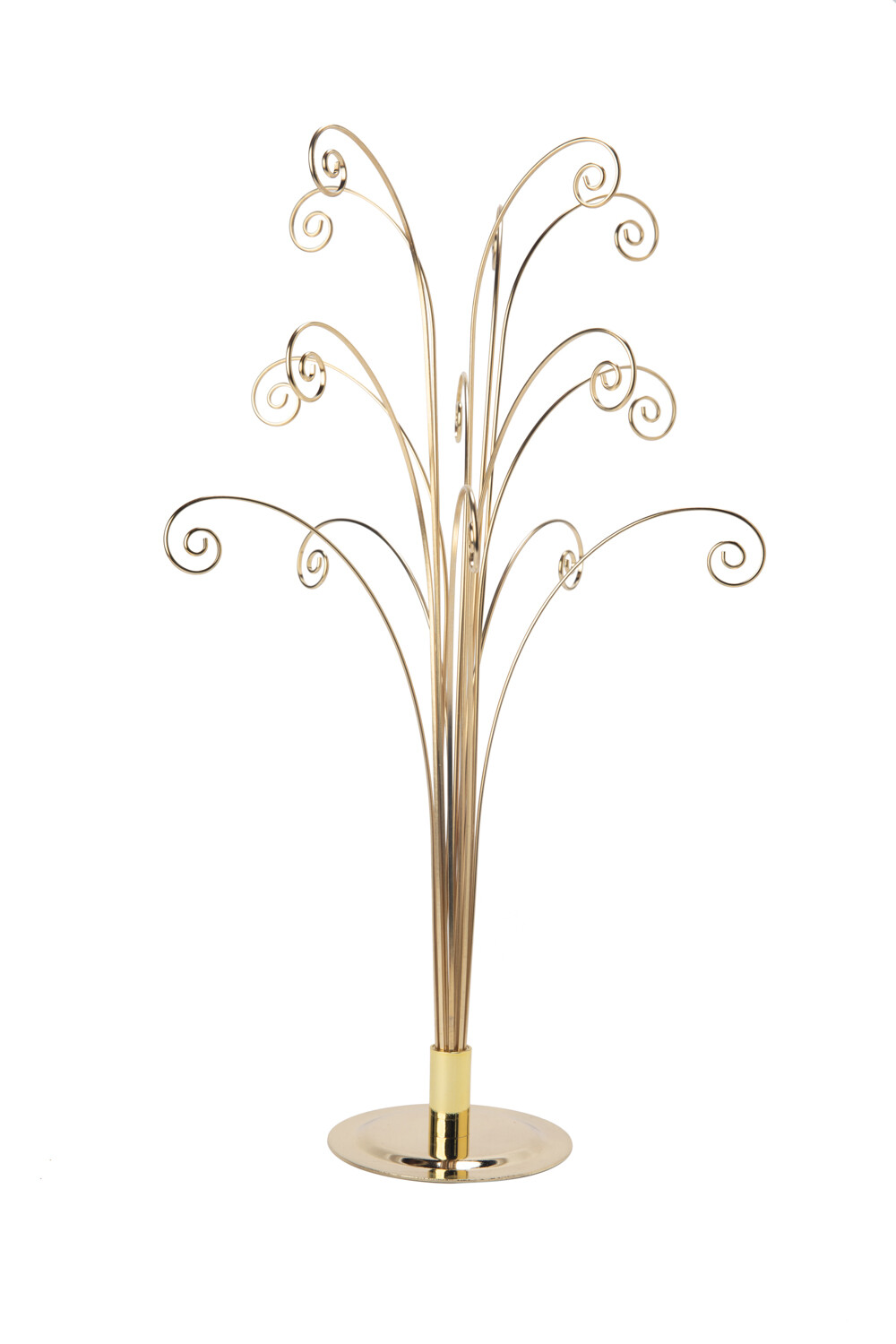 20 Inch Tall Ornament Display Tree, Bright Brass Plated, Holds 15 Ornaments