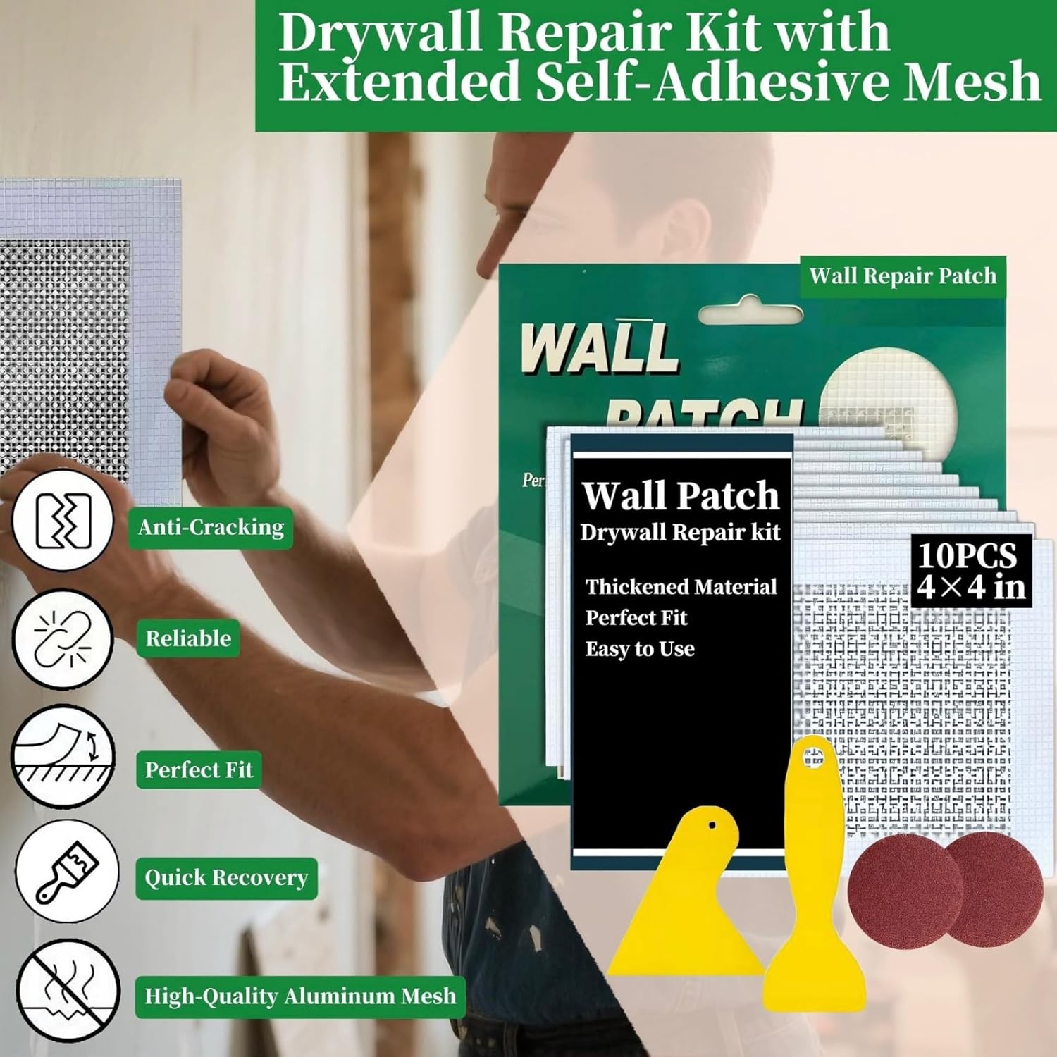 14 Pack Drywall Repair Kit, 4" Self-Adhesive Wall Patch with Tools