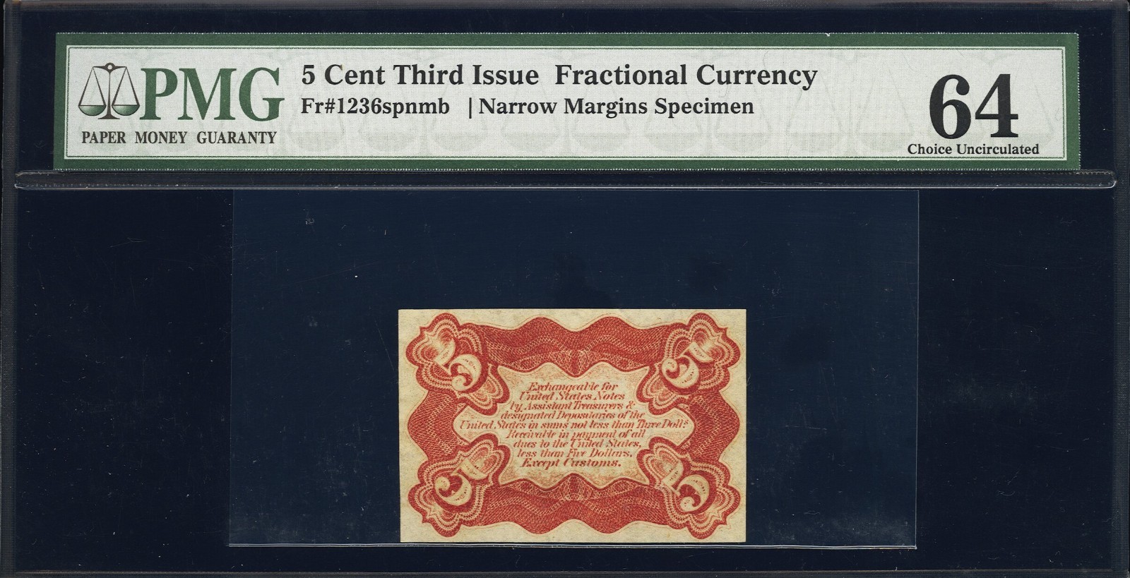 FR 1236spnmb - 5c THIRD ISSUE SPECIMEN - NARROW MARGINS BACK - PMG 64 FREE SHIP!