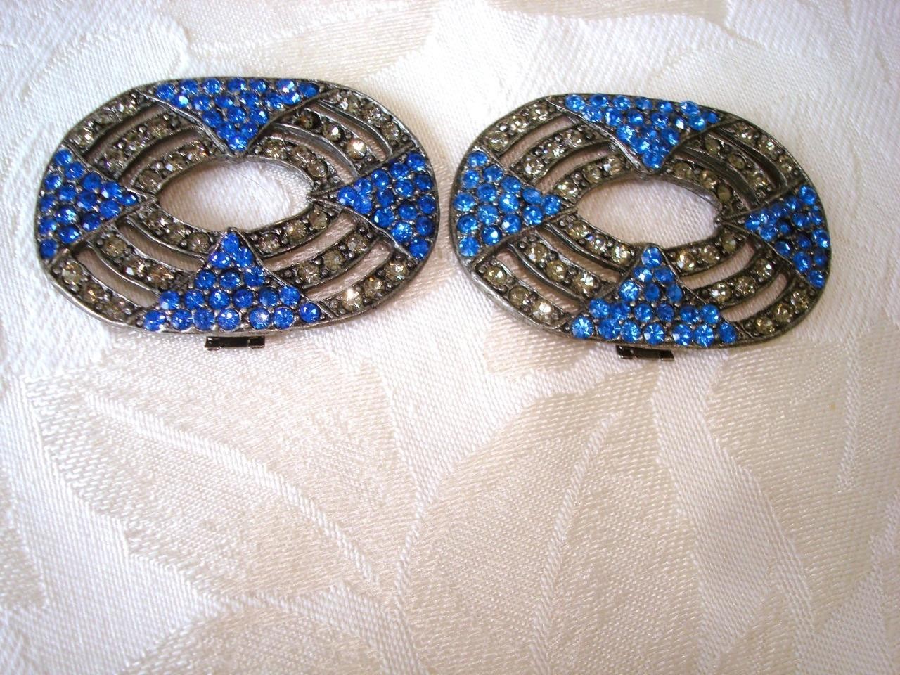 Pair of Art Deco Inspired Shoe Clips Blue Clear Rhinestones Nancy Katz. KJ
