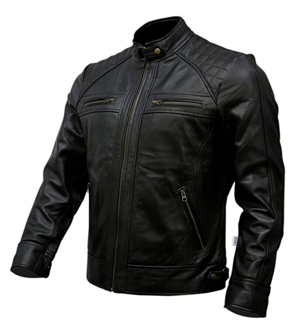 Men's Café Racer Biker Leather Jacket Black Brown Motorcycle Genuine Leather