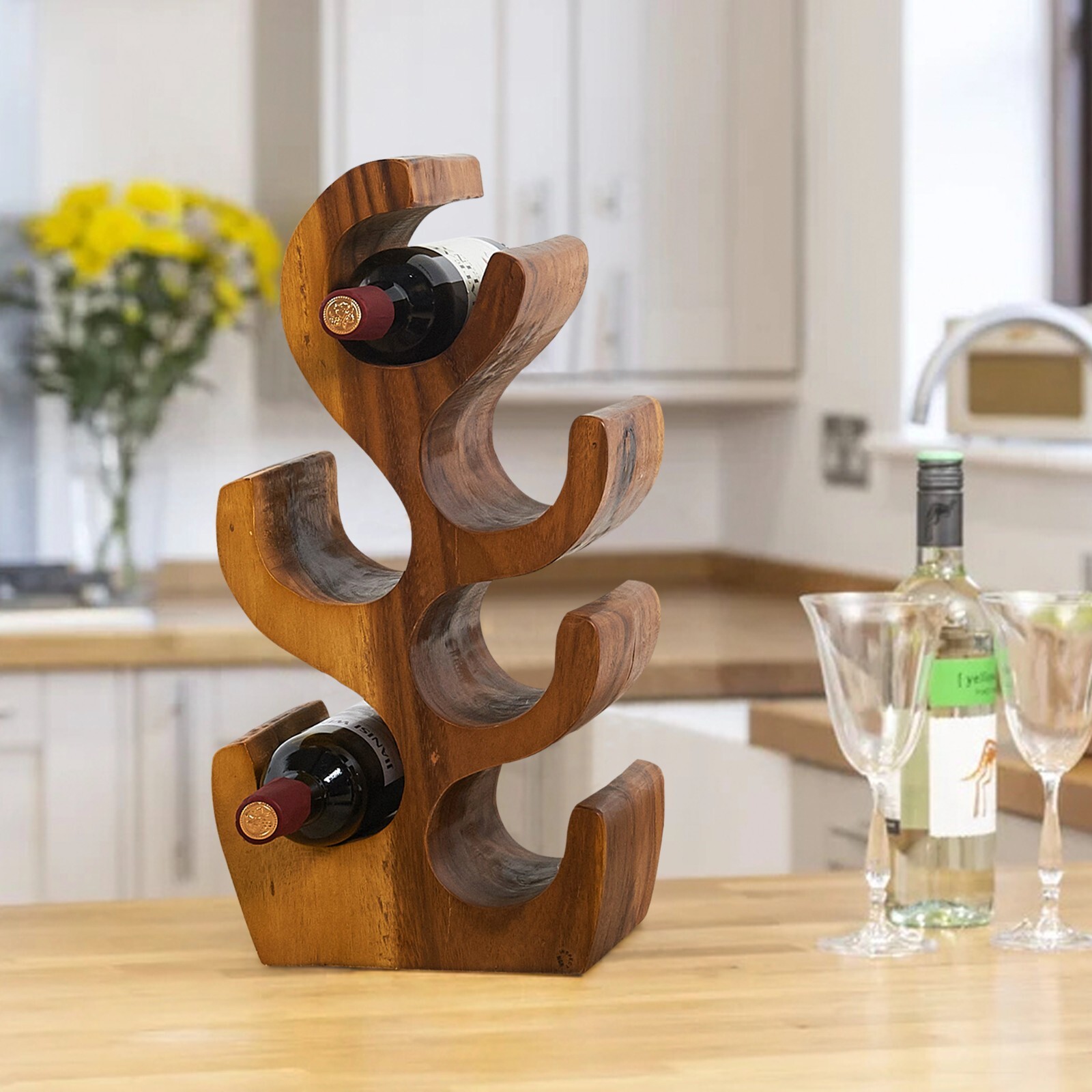 Hand-Carved Suar Wood Tree Shaped Wine Rack Bottle Holder Brown for 6/8/12