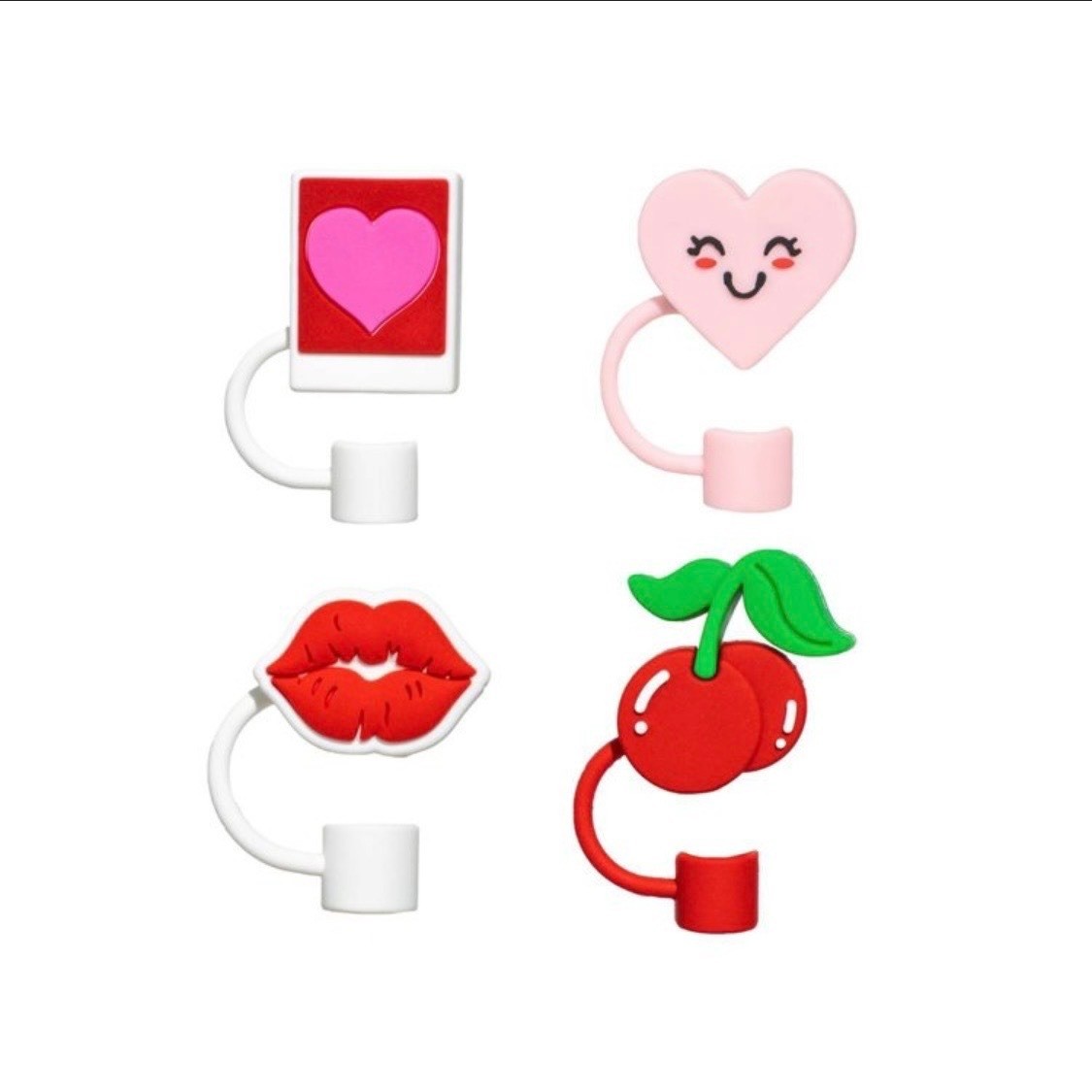 CharCharms Silicone Straw Toppers 4-Pack Hearts Lips Cherries Pink Red New