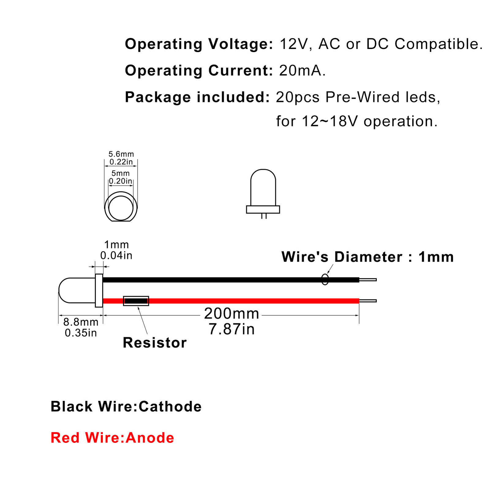 L125WM 20pcs Pre-wired Resistor 26awg 20cm Wire Warm White 5mm LED Light 12V
