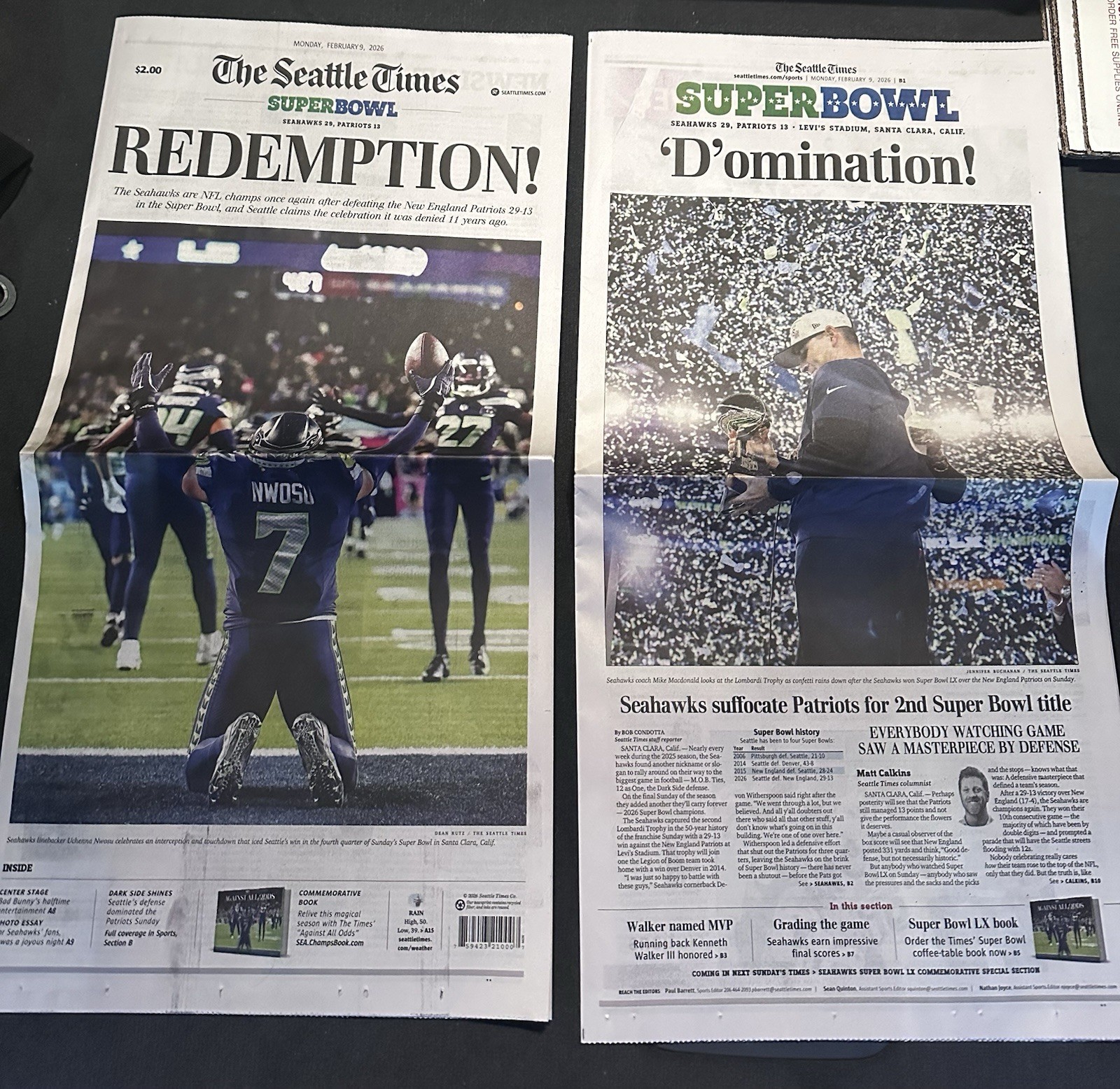 SEATTLE SEAHAWKS SEATTLE TIMES FULL NEWSPAPER 2/9/2026 SUPERBOWL CHAMPS- NEW
