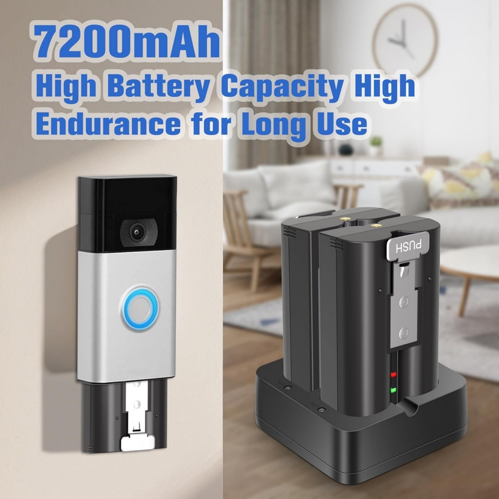 2 Pack 7200mAh Rechargeable Battery and Charger Station for Ring Doorbell 2/3/4