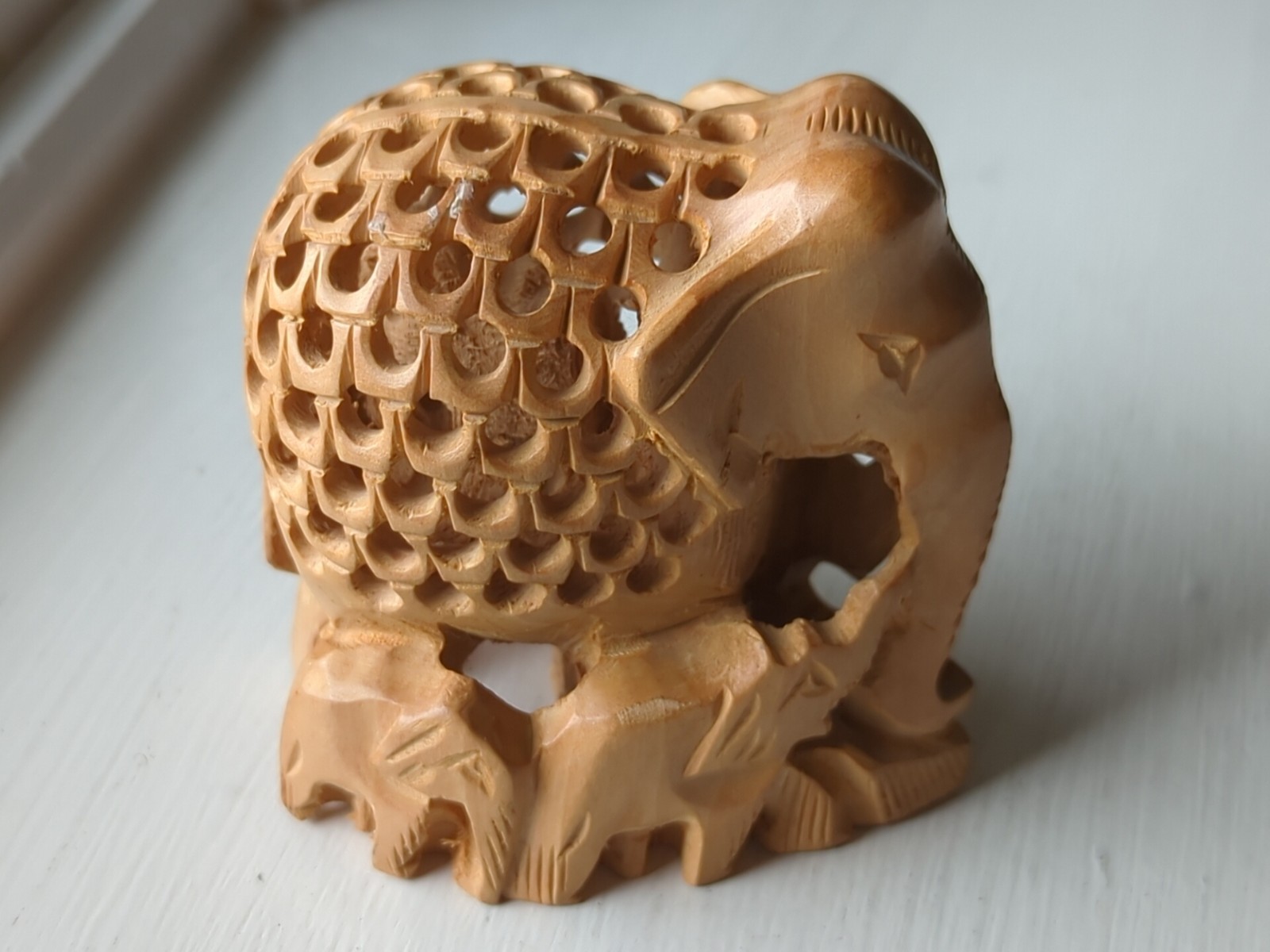 Hand Carved Wooden Elephant Family w/Baby Inside Figurine 3" Tall Intricate