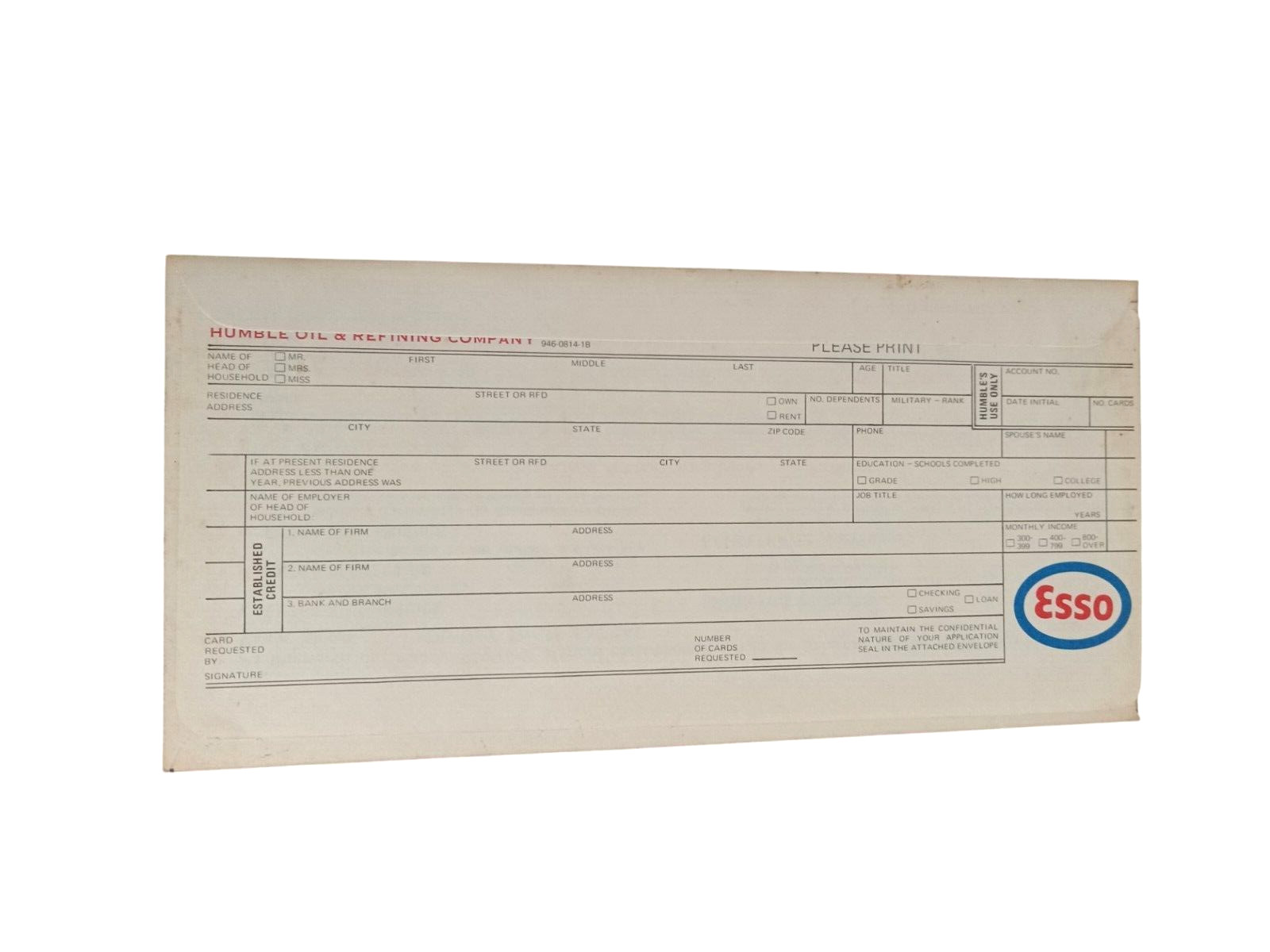Vintage ESSO HUMBLE Credit Card Application With Pre-Paid Envelope Ephemera