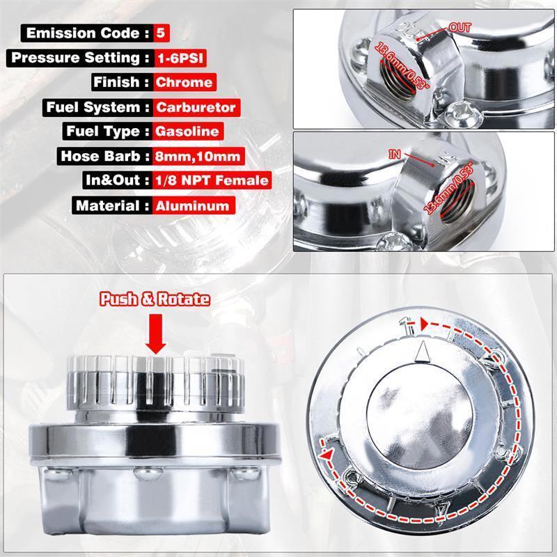 ⭐1-6 PSI Universal Adjustable Fuel Pressure Regulator Kit For Carburetor Engine⭐