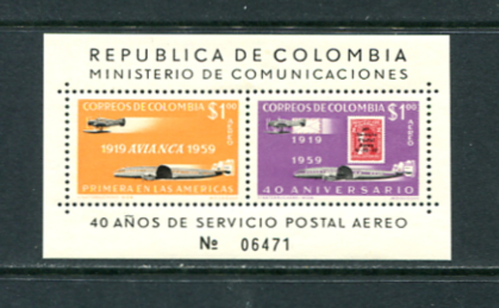 C125   Colombia  1959   aviation stamp on stamps airmail  sheet  MNH