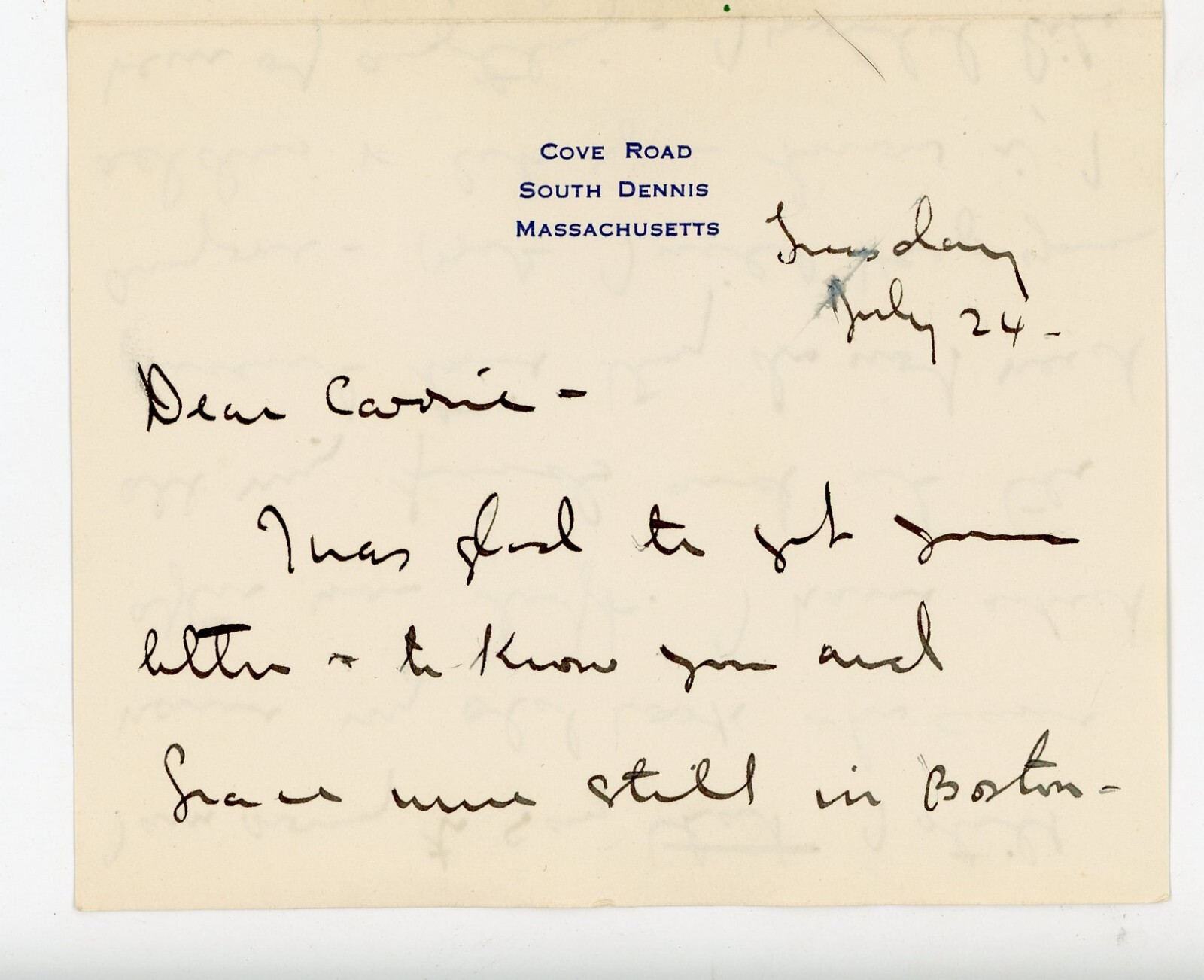 1933 Handwritten Letter from South Dennis MA to Cambridge | Stamped Cover