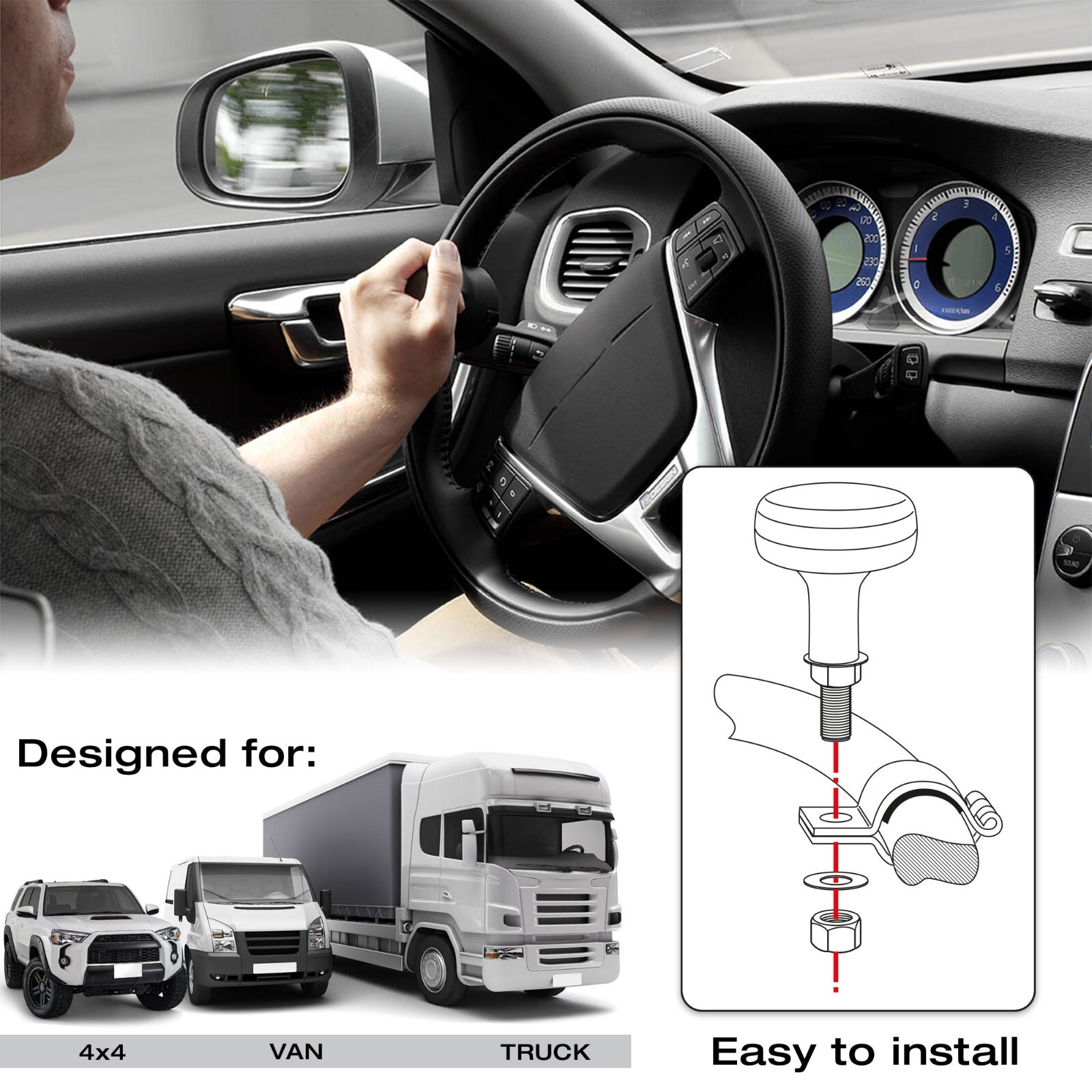 Universal Steering Wheel Spinner Knob Handle 8 Ball Suicide Car Truck SUV Black