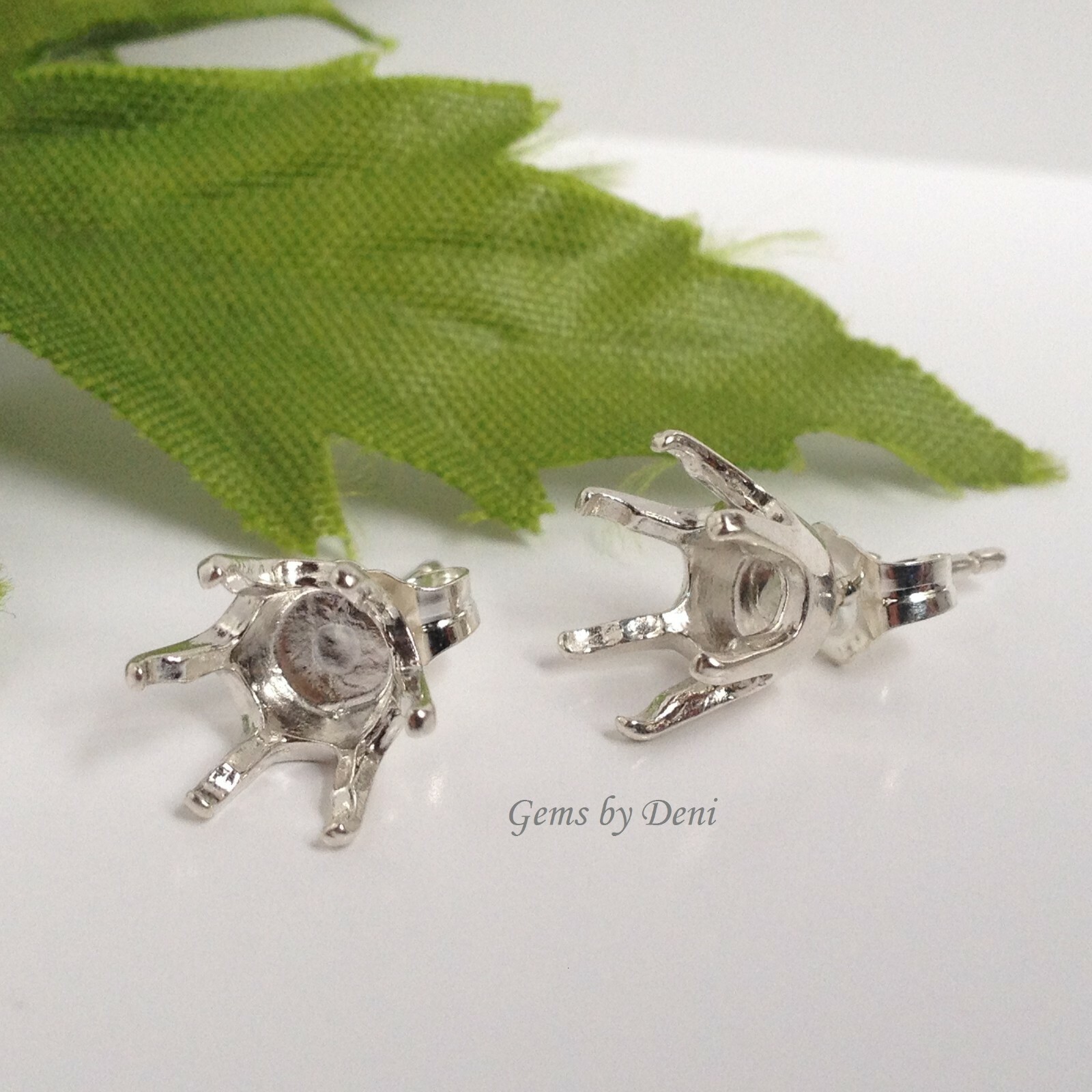 Two Round 6-Prong Solid Sterling Silver Pre-Notched Earring Settings (3mm-8mm)