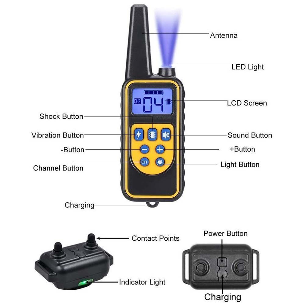 Dog Shock Training Collar Rechargeable Remote Control Waterproof IP67 875 Yards