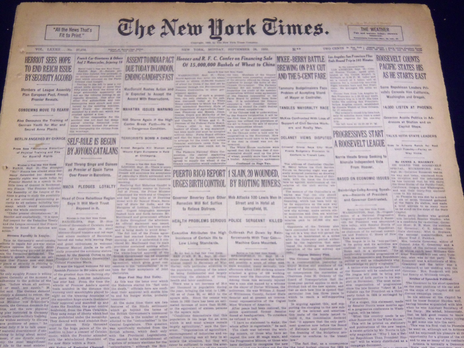 1932 SEPTEMBER 26 NEW YORK TIMES - MINERS RIOT, 1 SLAIN - NT 4067