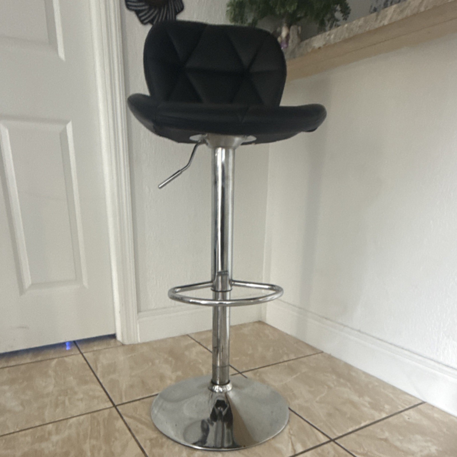 Black Swivel Adjustable Barstool with Backrest, Chrome Metal Base, Faux Leather