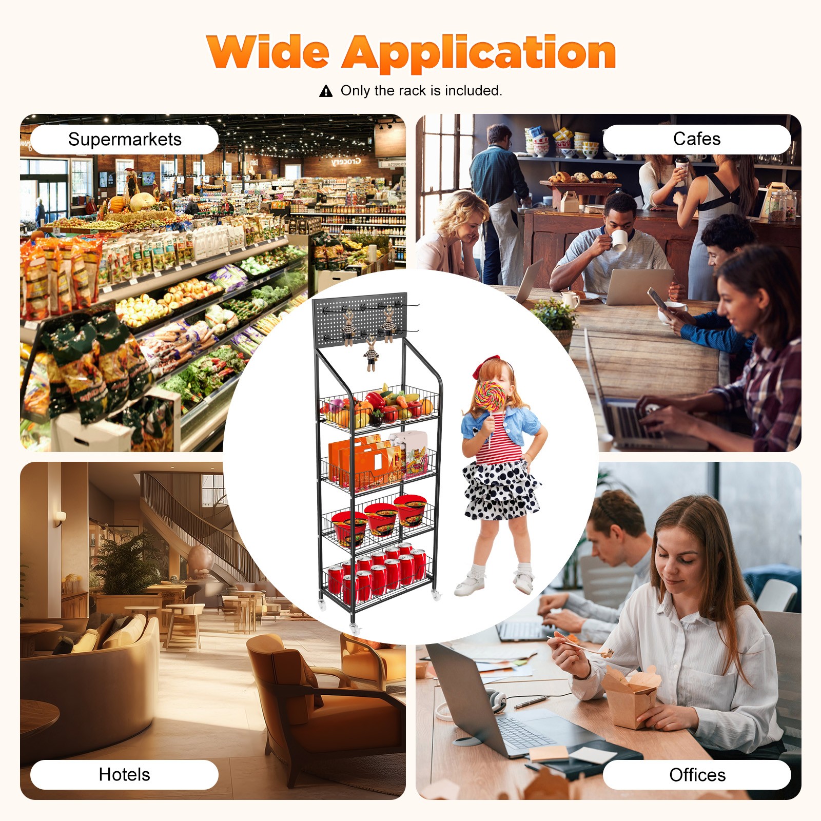 4 Tiers Retail Shop Display Rack Market Shelf Fruit Vegetable Snack Basket Black