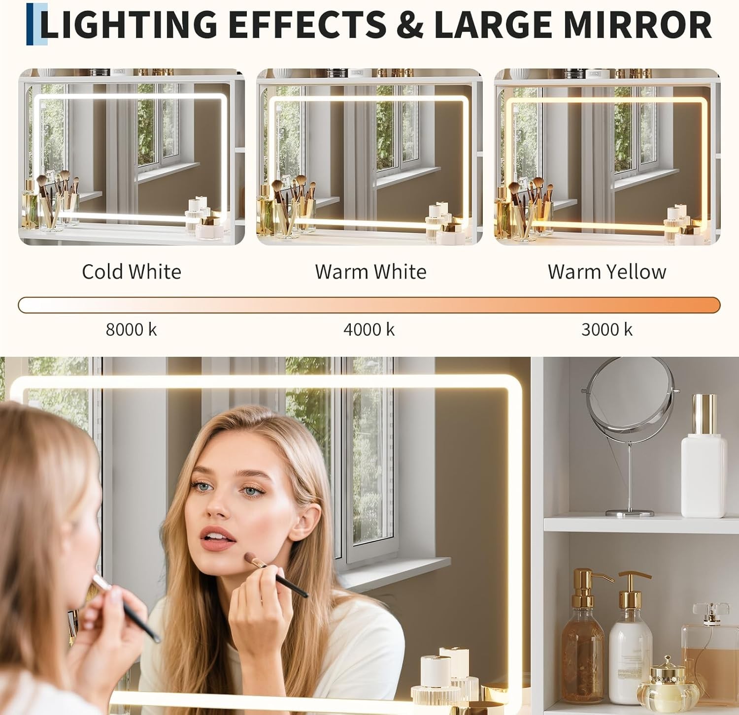 Modern Makeup Vanity for Girls: 35.4" Desk W/ Mirror & 4 Fabric Storage Drawers