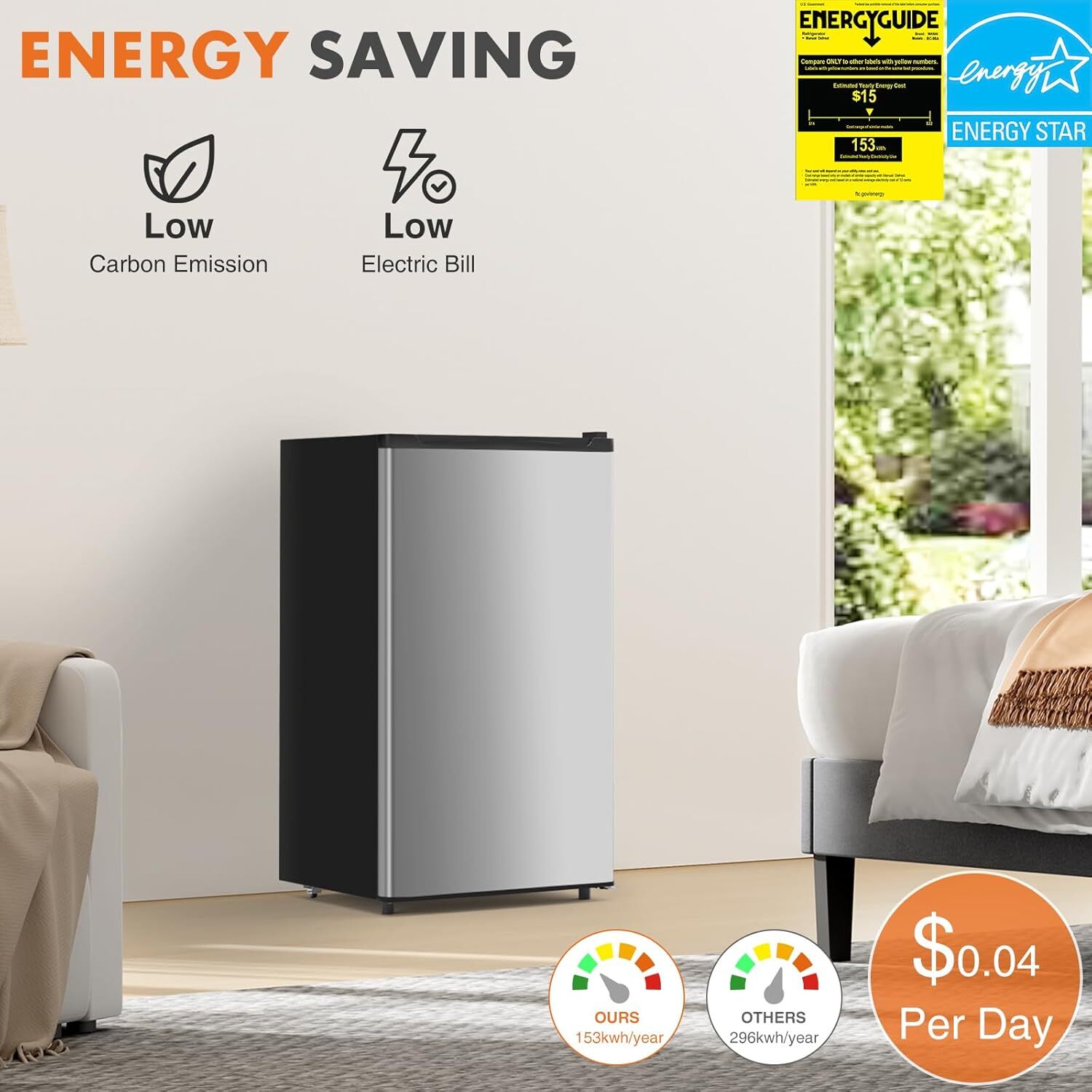 Home Mini Fridge with Freezer Small Refrigerator Door Energy-efficient Low Noise