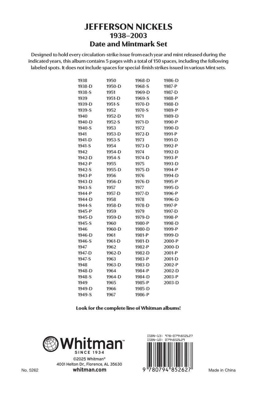 Jefferson Nickels: 1938-2003 Date & Mintmark Set-Whitman Prestige™ Album (Black)