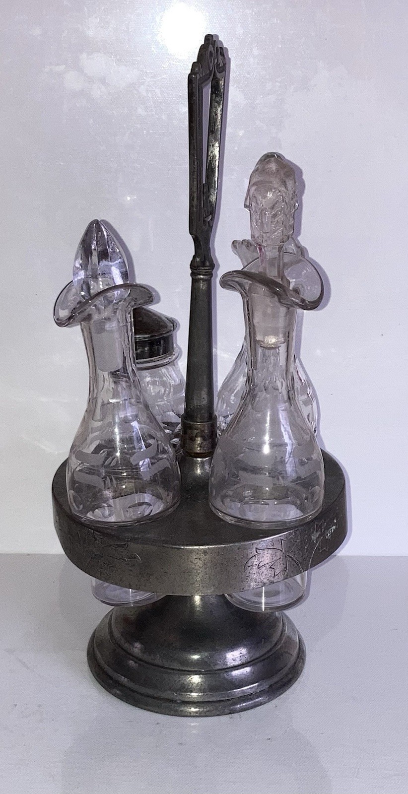 Vintage Etched Glass Cruet Silver-plate Castor Set Condiment Caddy Shaker Stand