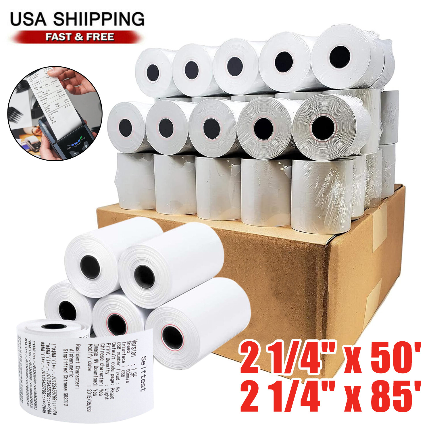 2-1/4" x 50' 85' Thermal Paper Credit Card Cash Register POS Receipt Paper Rolls