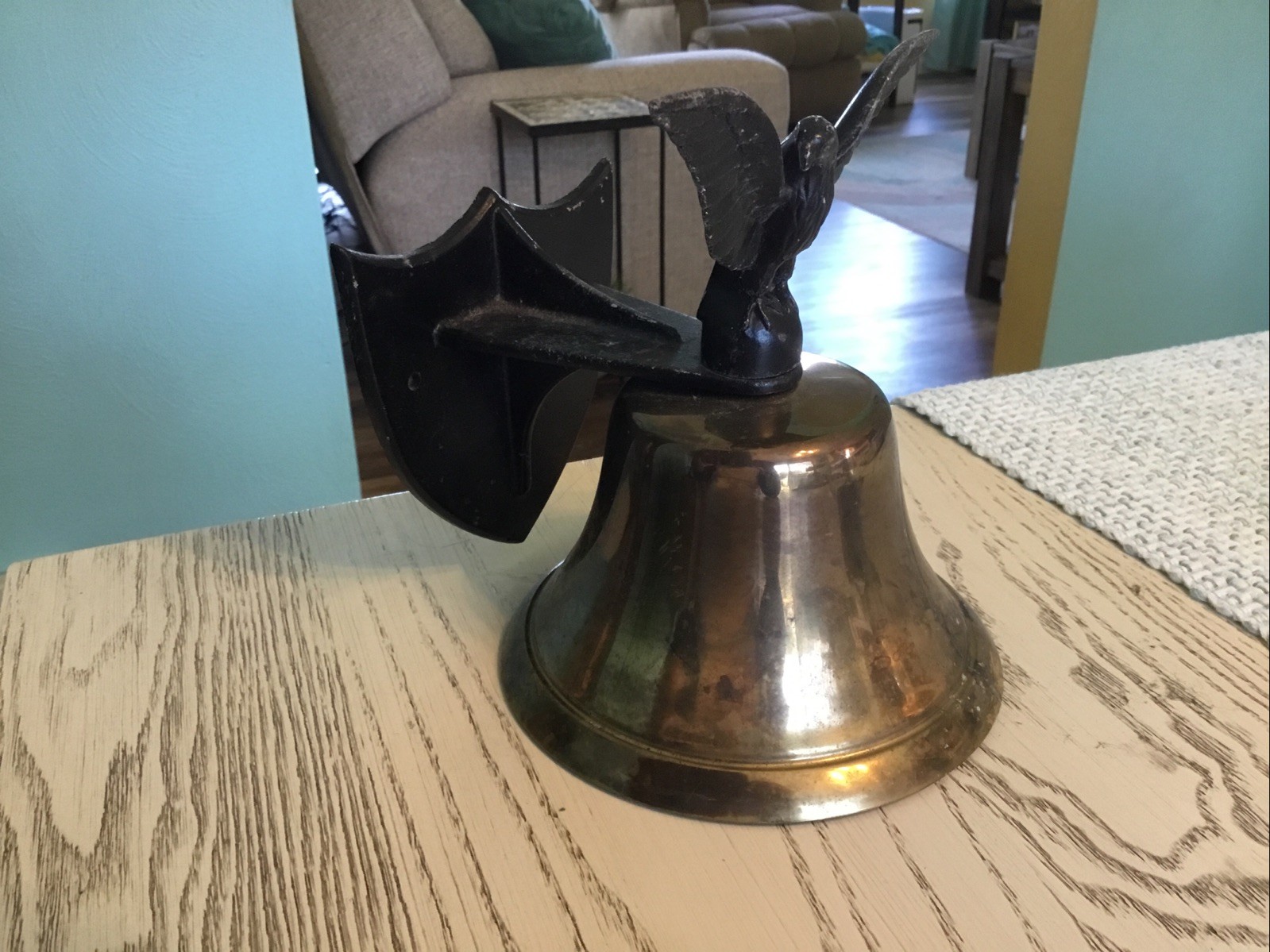 Vintage Brass Bell With Cast Iron Eagle Topper