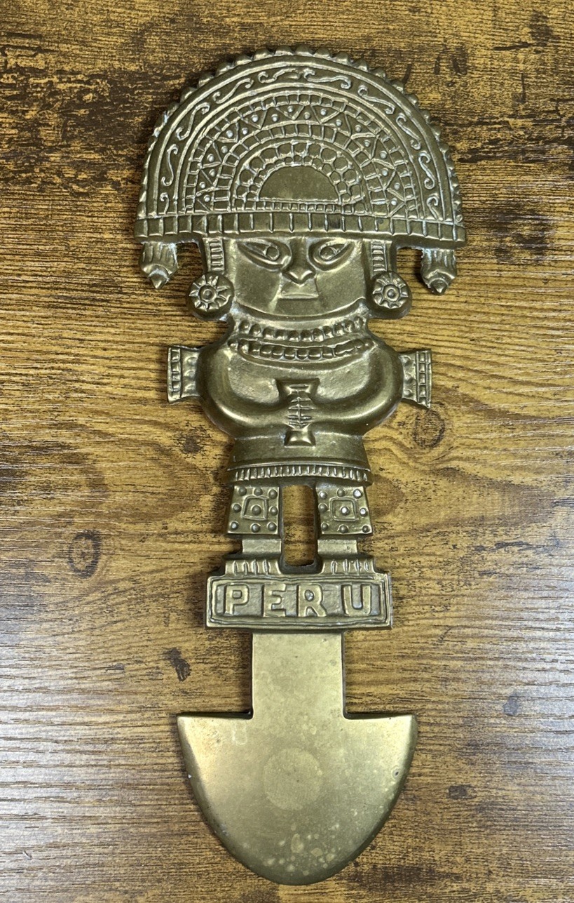 Vintage Brass Peruvian Tumi Figurine Ancient Wall Hanging Ceremonial Blade Aztec
