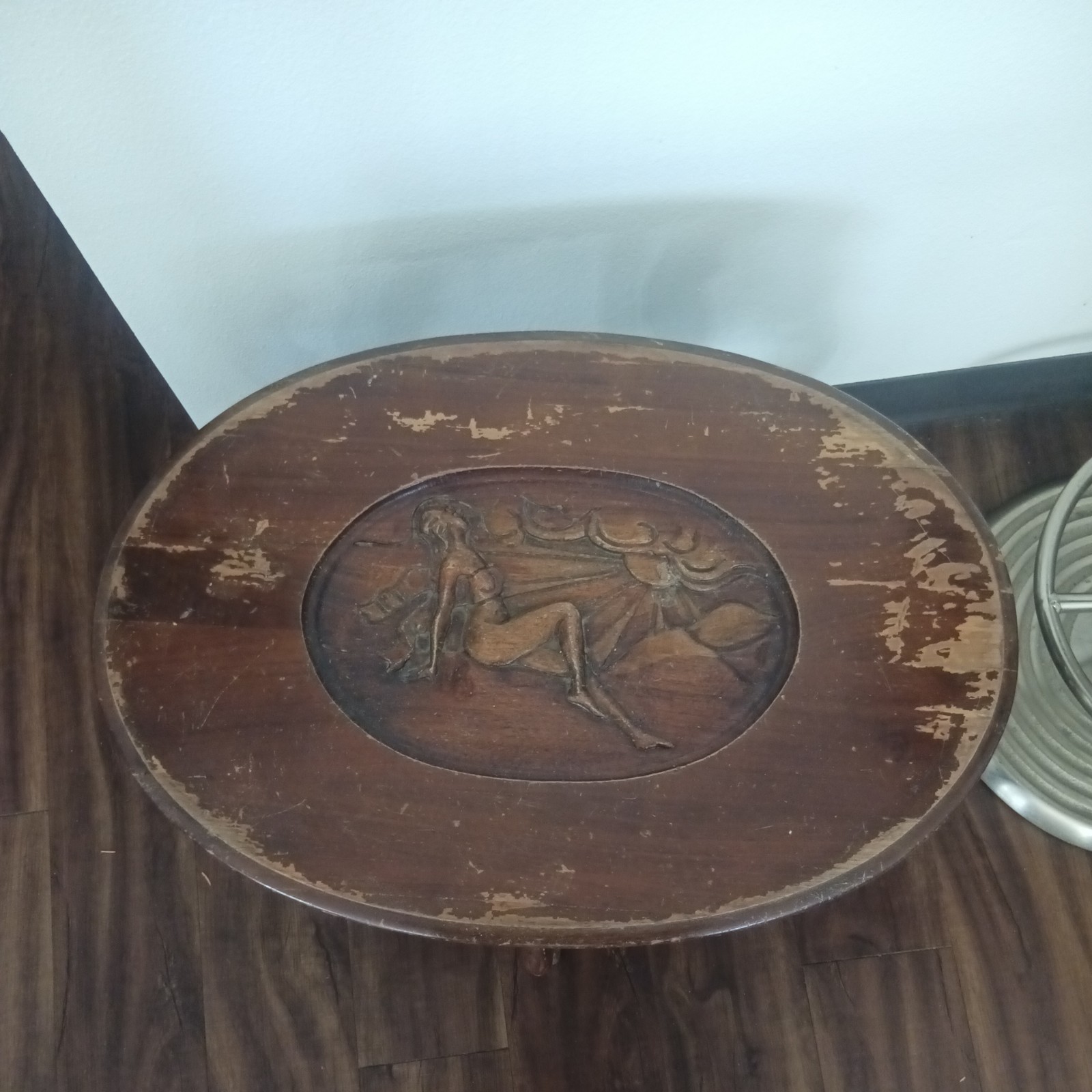 Antique Walnut carved lady basking in sun wood coffee table art nouveau deco