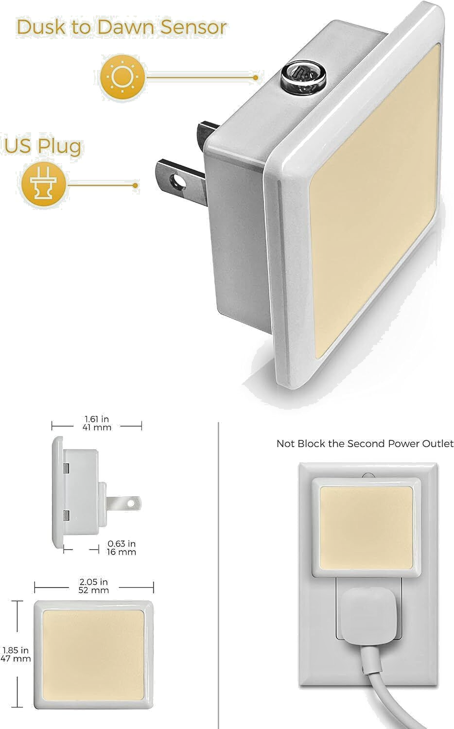 2 X Plug in LED Night Light 3000K Soft White .3W Bright Auto Dusk to Dawn Sensor