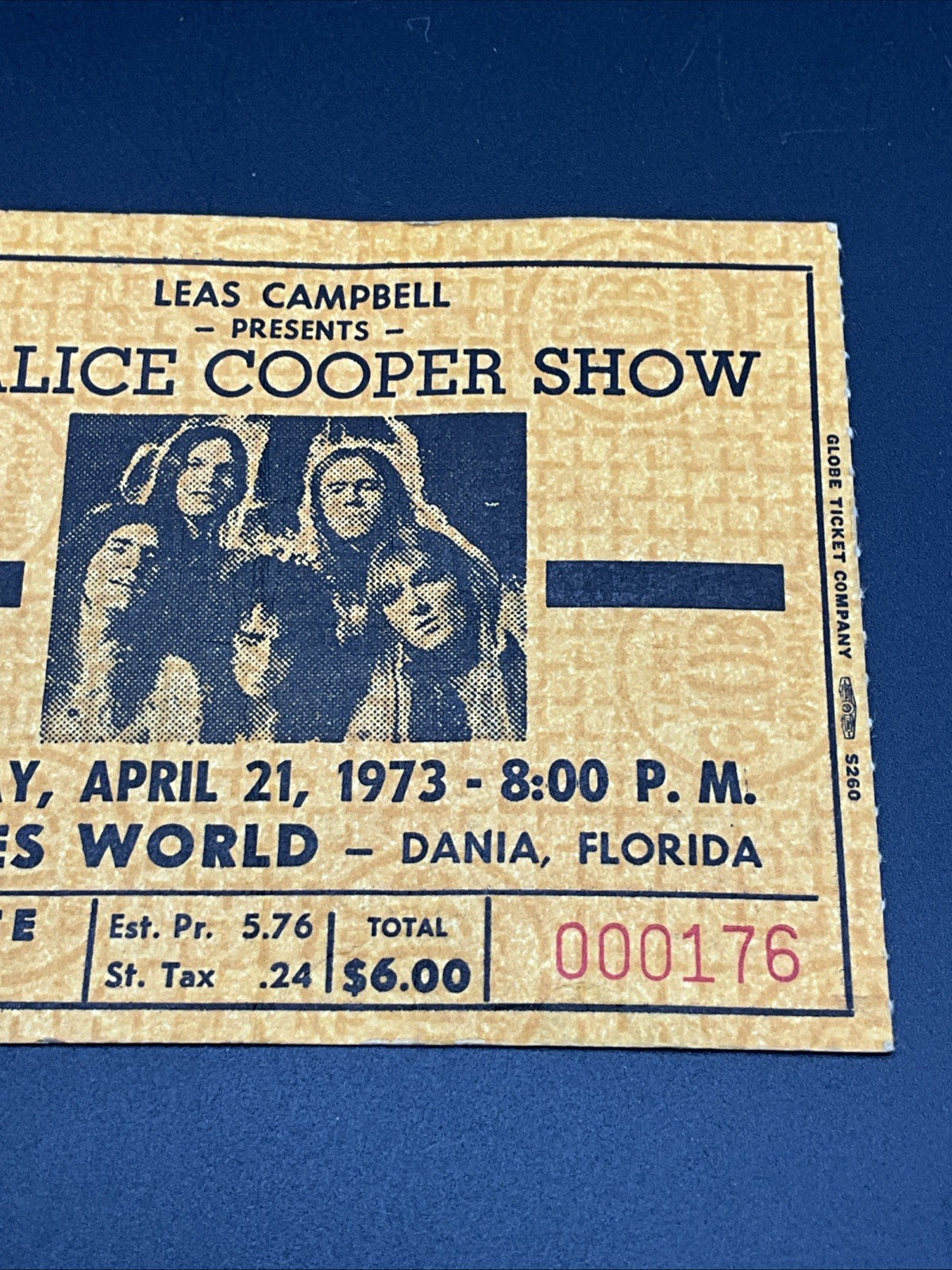 Alice Cooper 1973 Dania FL Pirates World 4/21/73 Original Concert Ticket Stub