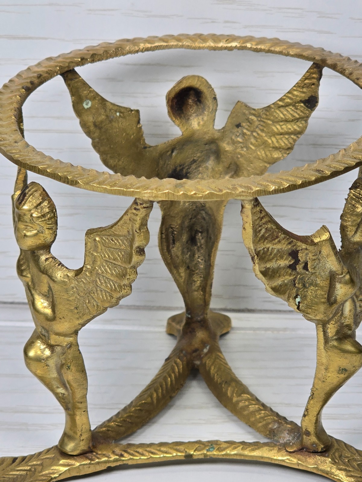 VTG Brass Cherub Angel Plant Stand Vase Holder Figural Putti Art Deco Table Base