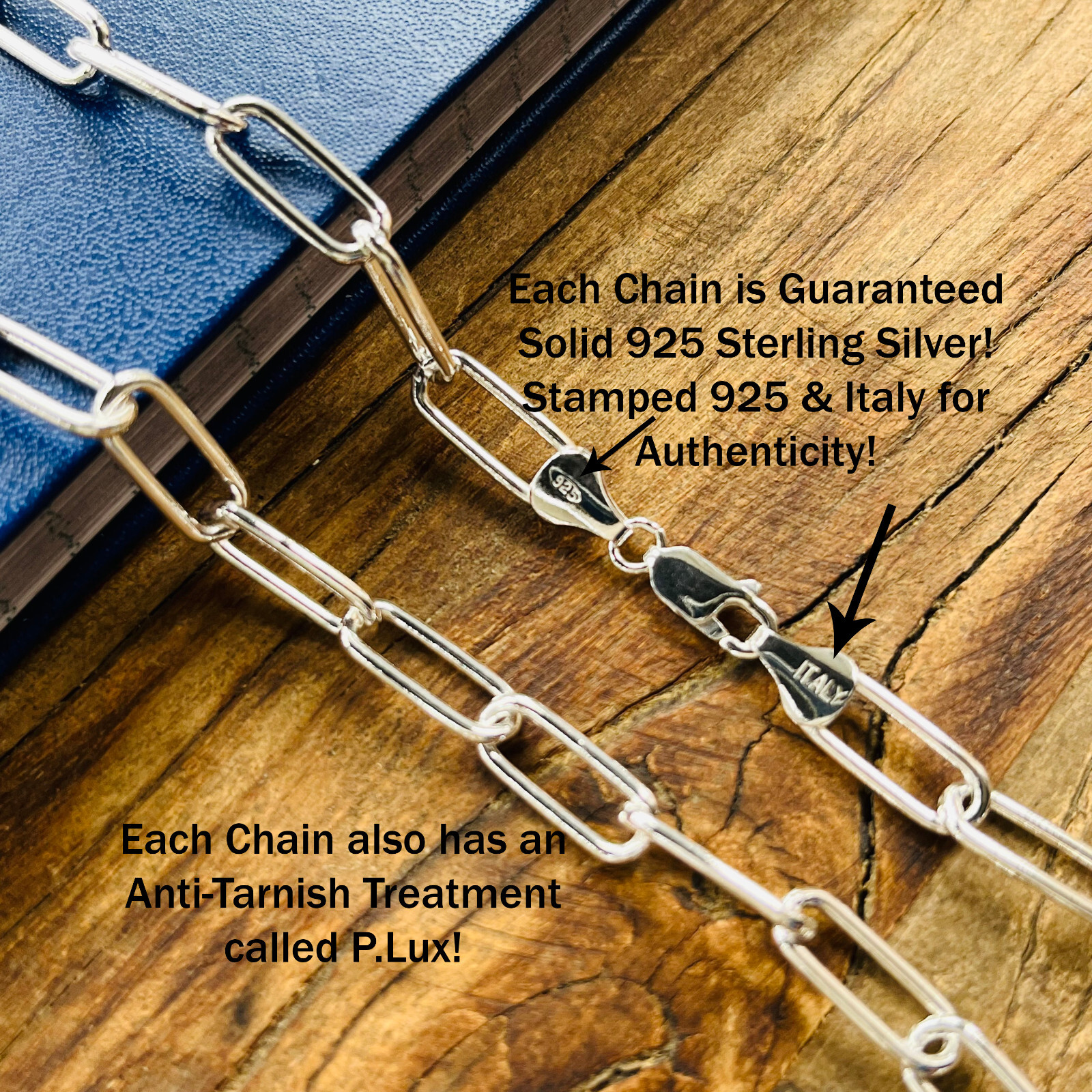 Real Solid 925 Sterling Silver Paper clip Chain Paperclip Necklace Made in Italy