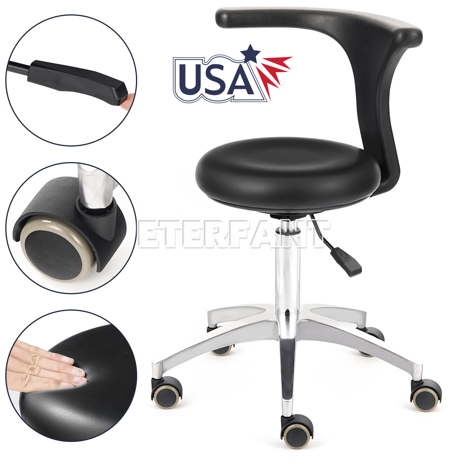 Dental Doctor Assistant Stool Mobile Chair Adjustable Height PU Leather Black