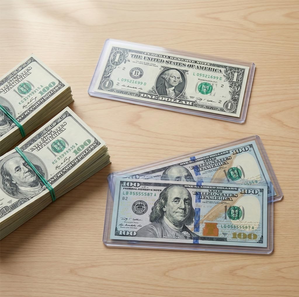 16 Pack Dollar Bill Sleeves, 6.8" x 2.9" Banknotes Top-Insert Holders, Hard...