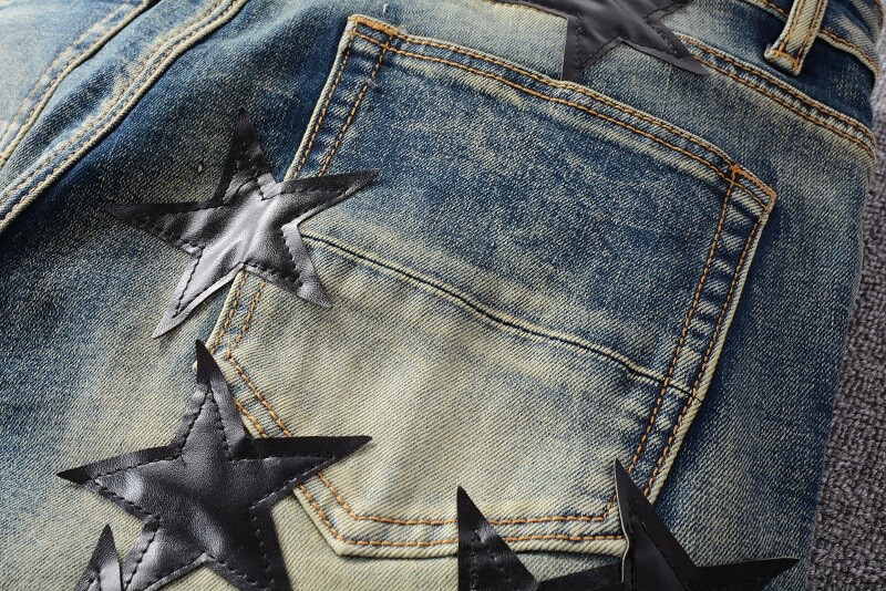 STAR PU Patchwork Men's Ripped Skinny Stretch Denim Jeans