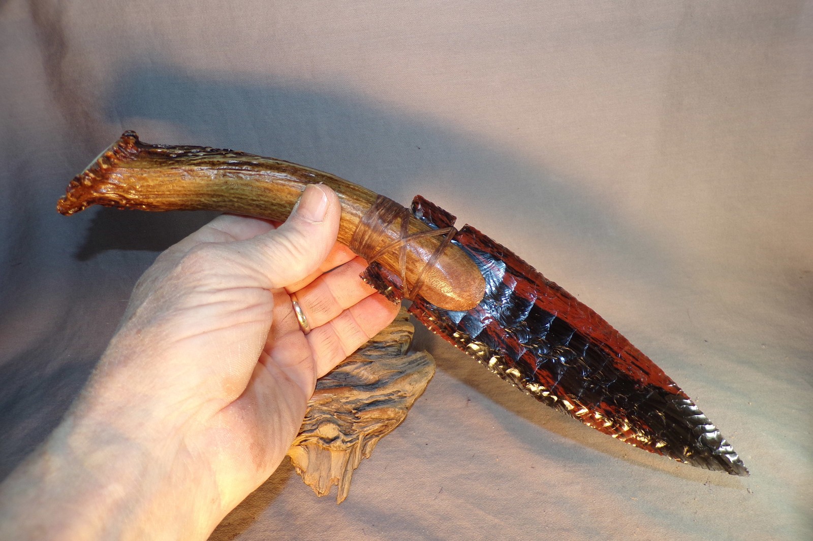 Large Triple Flow Obsidian Fox Ear Knife Flint Knapping Black Powder COA