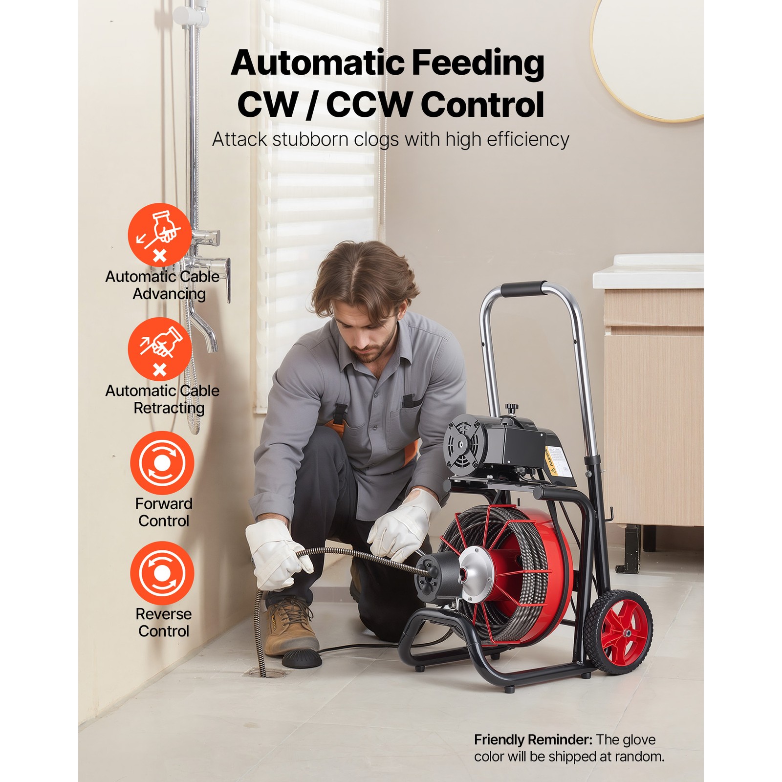 Uimoso Electric Drain Auger Machine with 100FT x 1/2 Inch Cable and Auto Feed